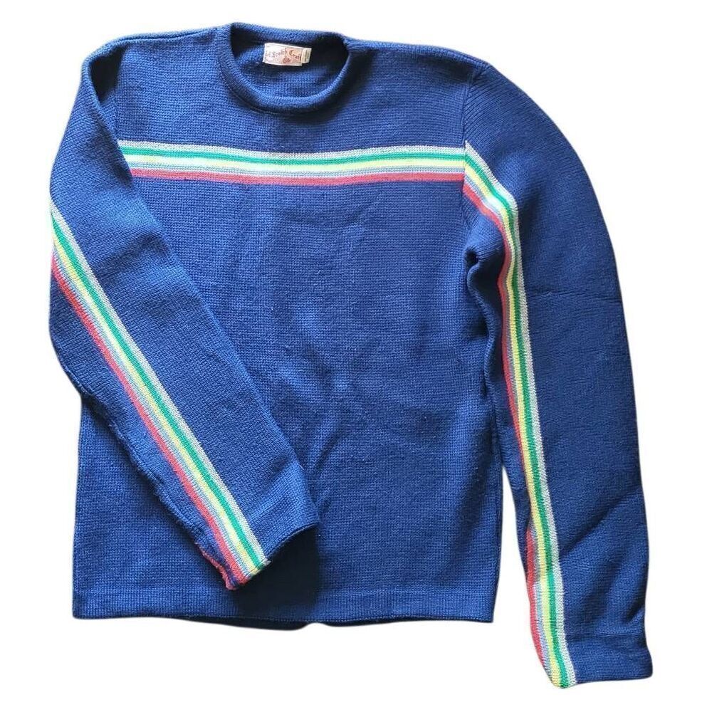 Vintage 70s Scotch Craft Sweater Men's Small Blue Rainbow Stripe Wool Unisex